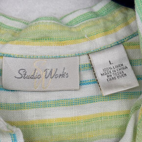 Studio Works Linen Blouse Womens Size L Green Stripe Button Up Roll Tab Sleeves - Picture 3 of 11